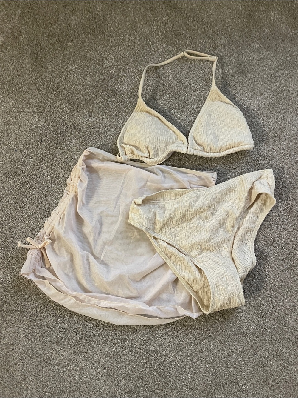 Beige Textured Triangle Bikini Set with Sheer Cover-Up